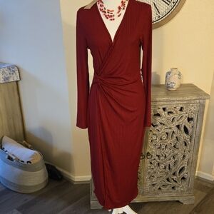 Burgandy Red Faux Wrap Long Sleeve Midi  Dress NWT